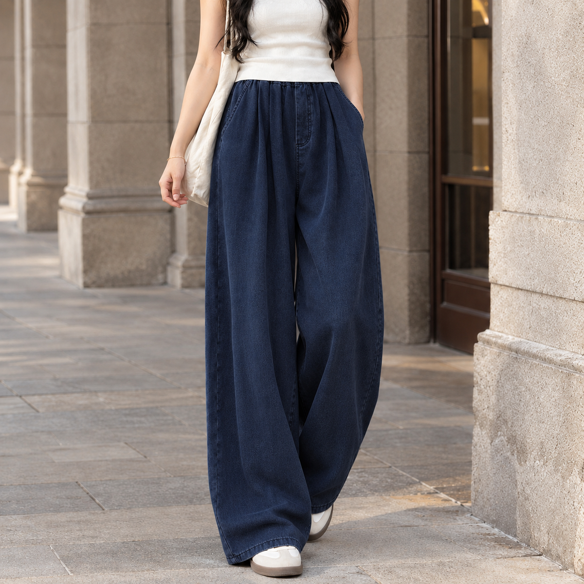 Cerys | Baggy Pleated Elasticated High Waisted Long Pocket Wide Leg Jeans Women