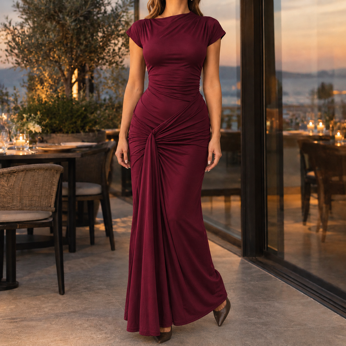 Evie | Boat Neck Ruched Draped Twist Front Evening Occasion Bodycon Maxi Dress with Sleeves Women