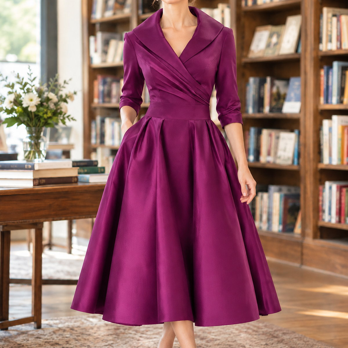 Alexa | Pleated Ruched Wrap V Neck Fit And Flare Satin Midi Collared Autumn Occasion Cocktail Dress Ladies