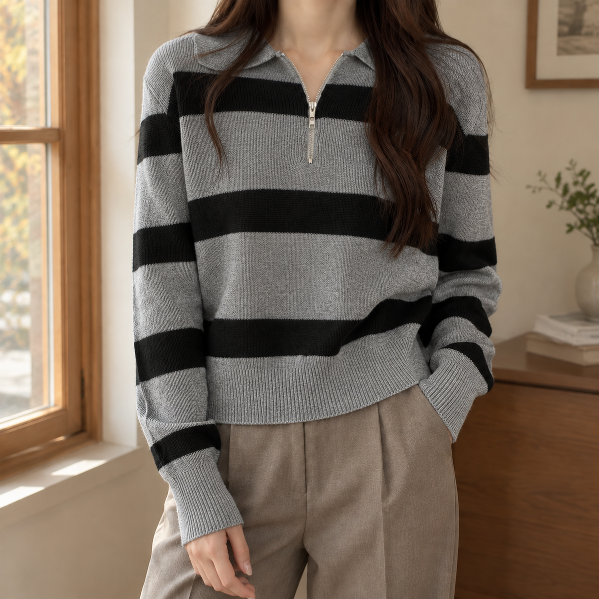 Niamh | Striped Half Zip Collared Long Sleeve Ribbed Oversized Autumn Winter Jumper Women