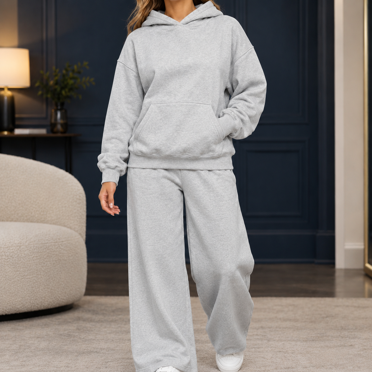 Kit | Oversized Long Sleeve Hoodie Wide Leg Fleece Winter Tracksuit Women