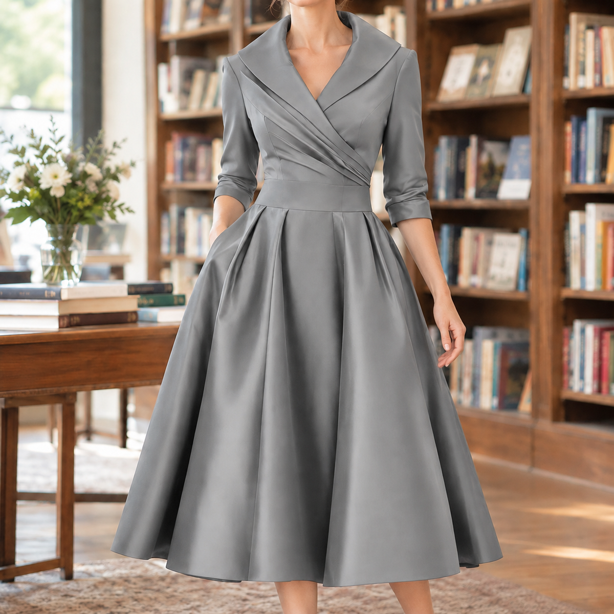 Alexa | Pleated Ruched Wrap V Neck Fit And Flare Satin Midi Collared Autumn Occasion Cocktail Dress Ladies