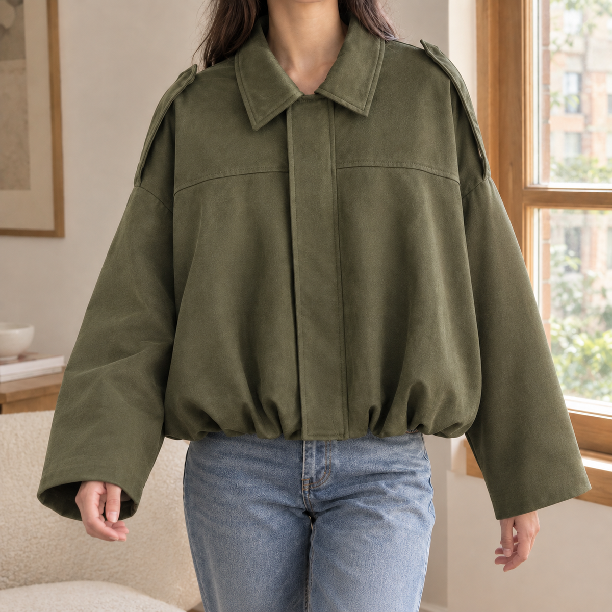 Lily | Collared Faux Suede Elasticated Hem Oversized Autumn Cropped Bomber Jacket Women