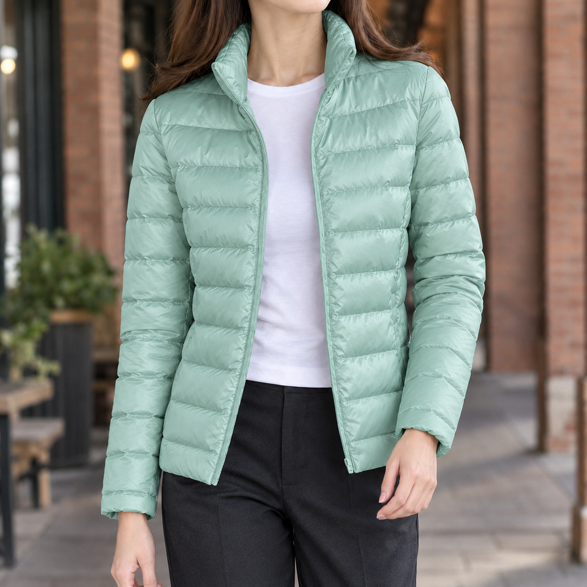 Nancy | Winter Fitted Shiny Funnel Neck Zip Up Quilted Puffer Jacket Women