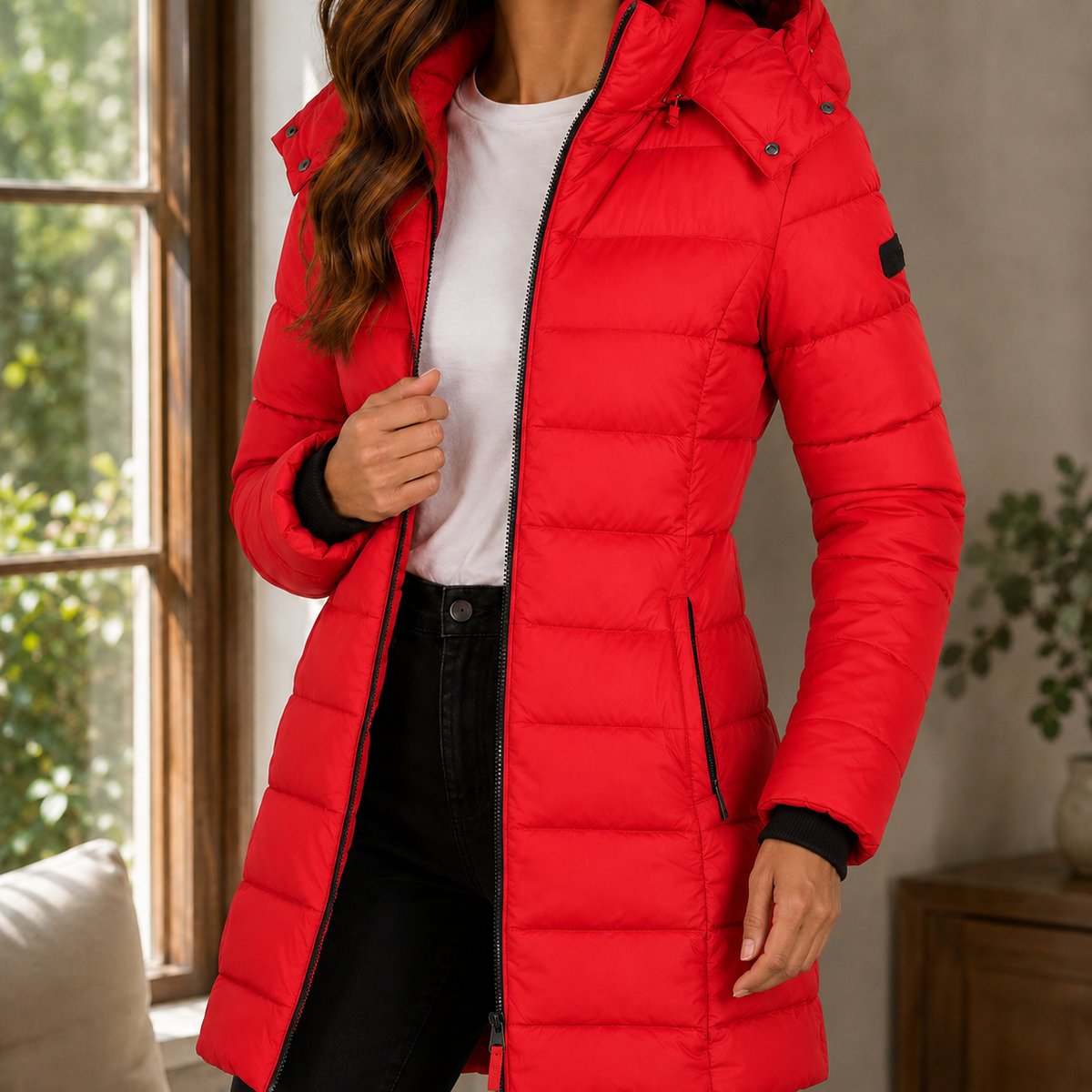 Margo | Winter Zip Up Hooded Mid Length Quilted Funnel Neck Pocket Puffer Coat Women