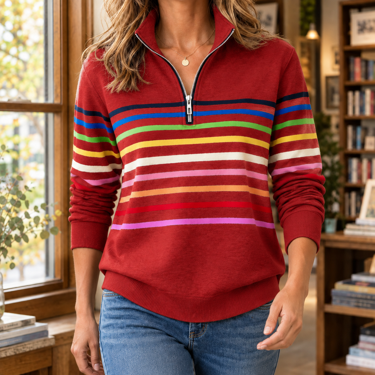 Darcy | Knitted Striped Quarter Zip Funnel Neck Long Sleeve Ribbed Hem Autumn Hip Length Sweatshirt Women