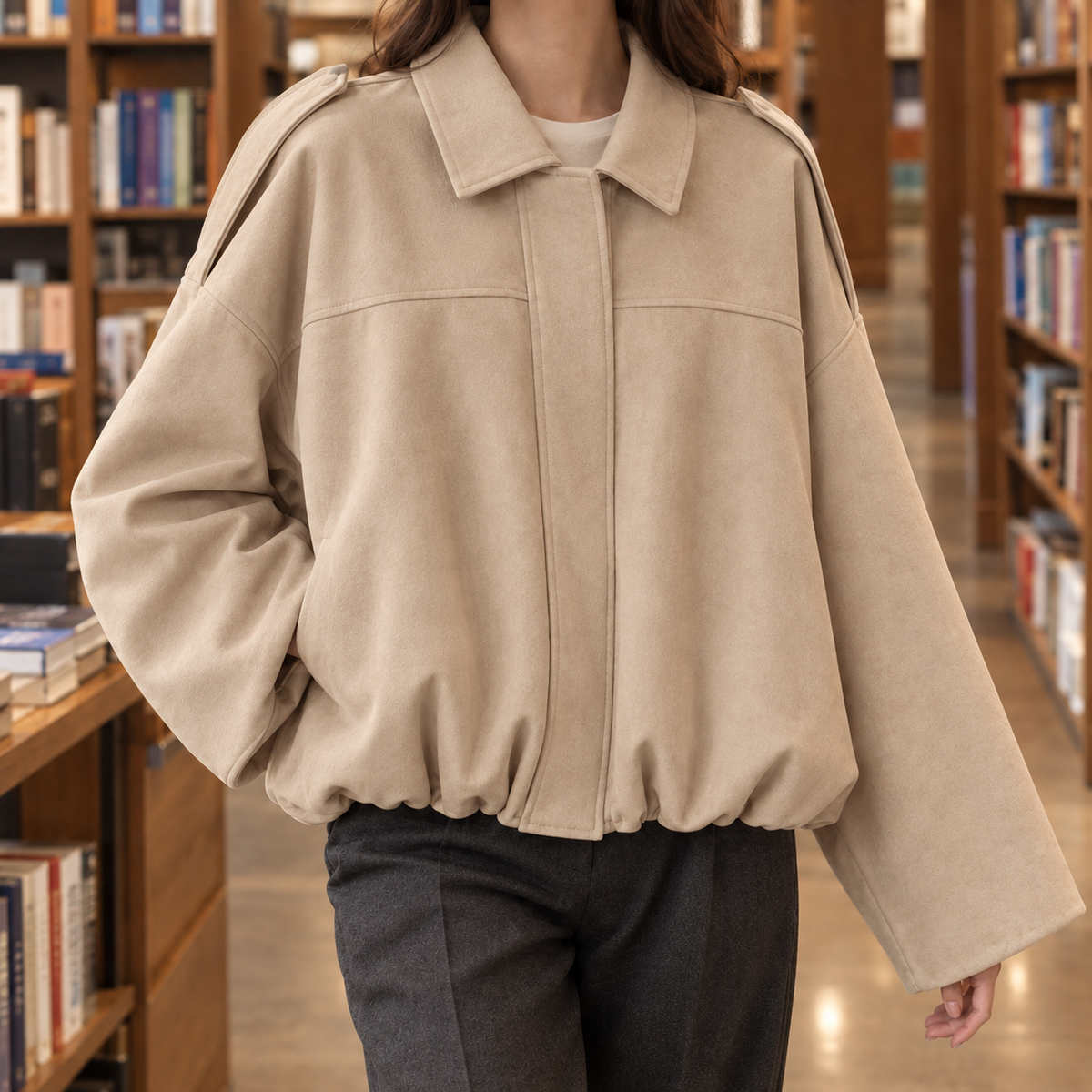 Anya | Faux Suede Collared Zip Up Oversized Cropped Elasticated Hem Autumn Bomber Jacket Women