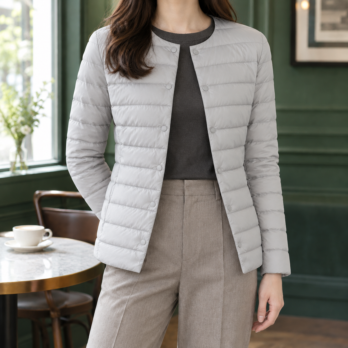 Lia | Collarless Button Fitted Quilted Padded Winter Jacket Women