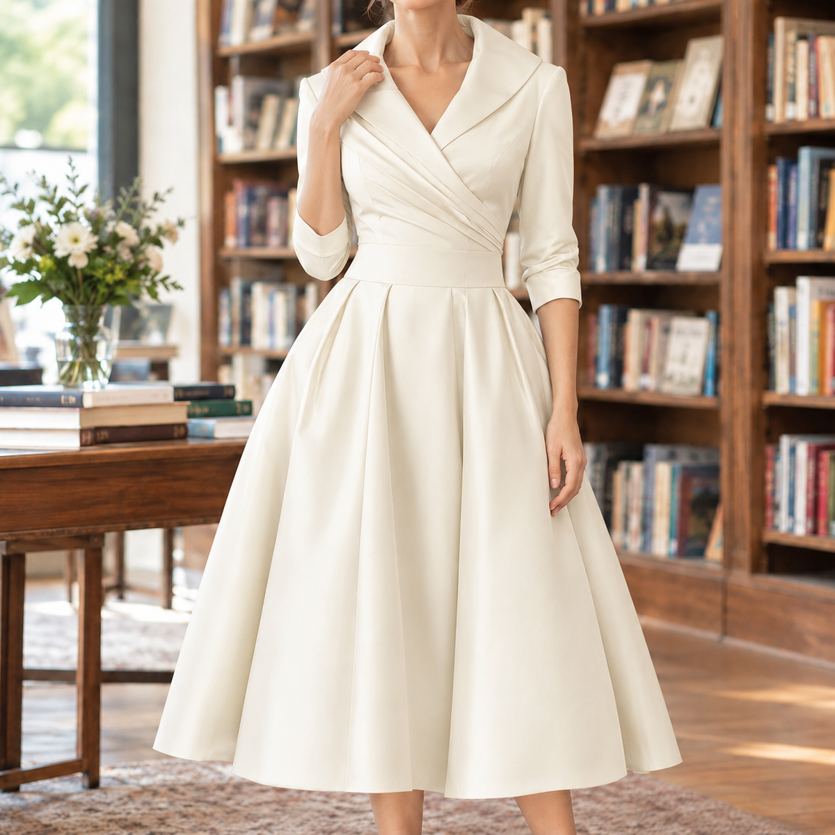 Alexa | Pleated Ruched Wrap V Neck Fit And Flare Satin Midi Collared Autumn Occasion Cocktail Dress Ladies