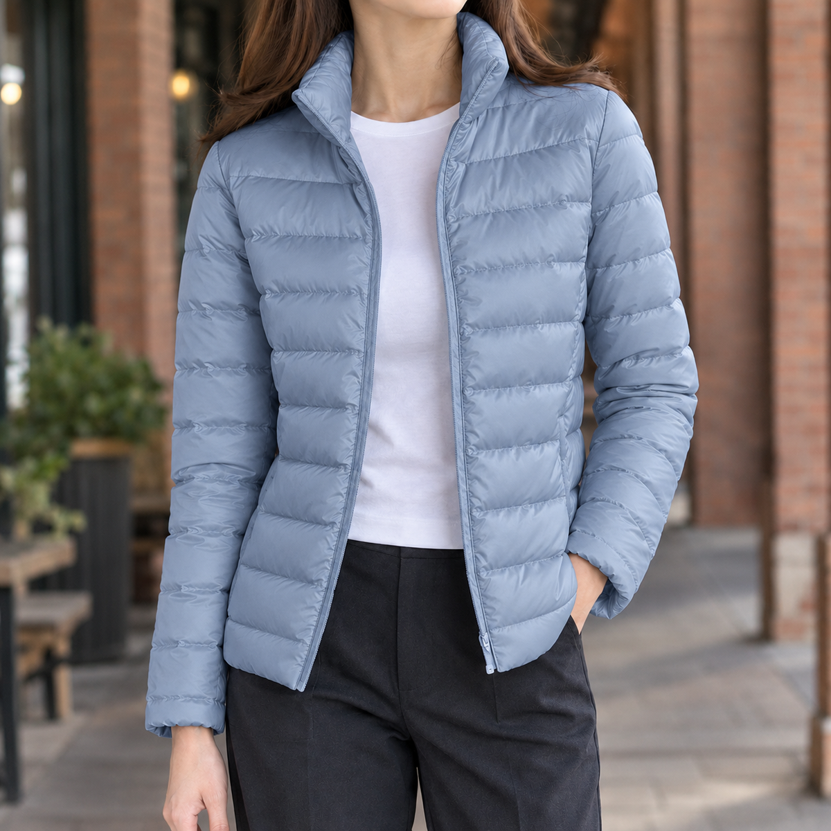 Nancy | Winter Fitted Shiny Funnel Neck Zip Up Quilted Puffer Jacket Women