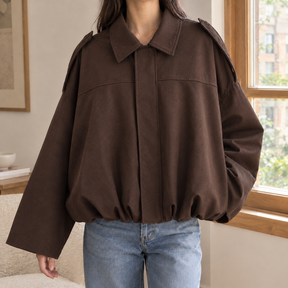 Lily | Collared Faux Suede Elasticated Hem Oversized Autumn Cropped Bomber Jacket Women