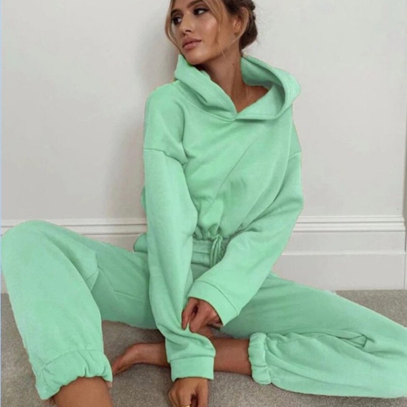 Freda | Fleece Cropped Hoodie Long Sleeve Tie Waist Oversized Tracksuit Women