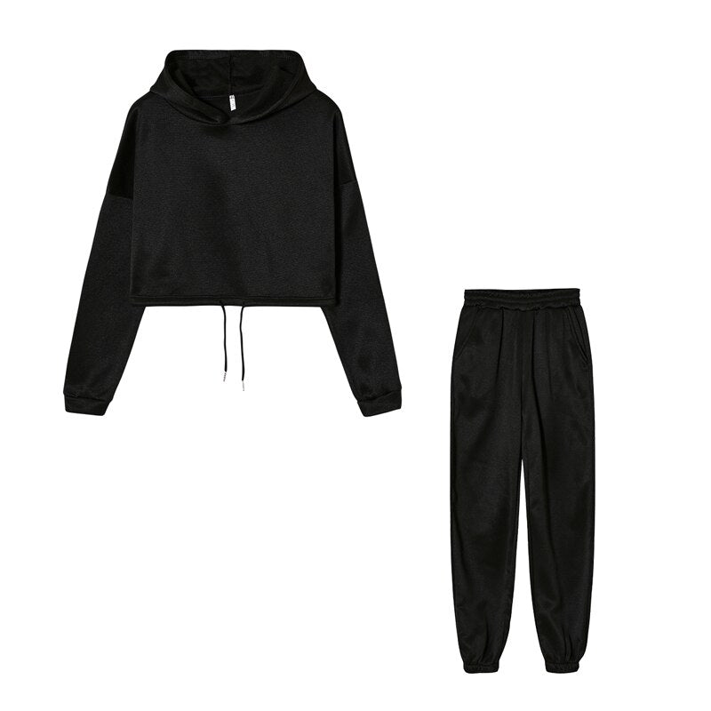Freda | Fleece Cropped Hoodie Long Sleeve Tie Waist Oversized Tracksuit Women