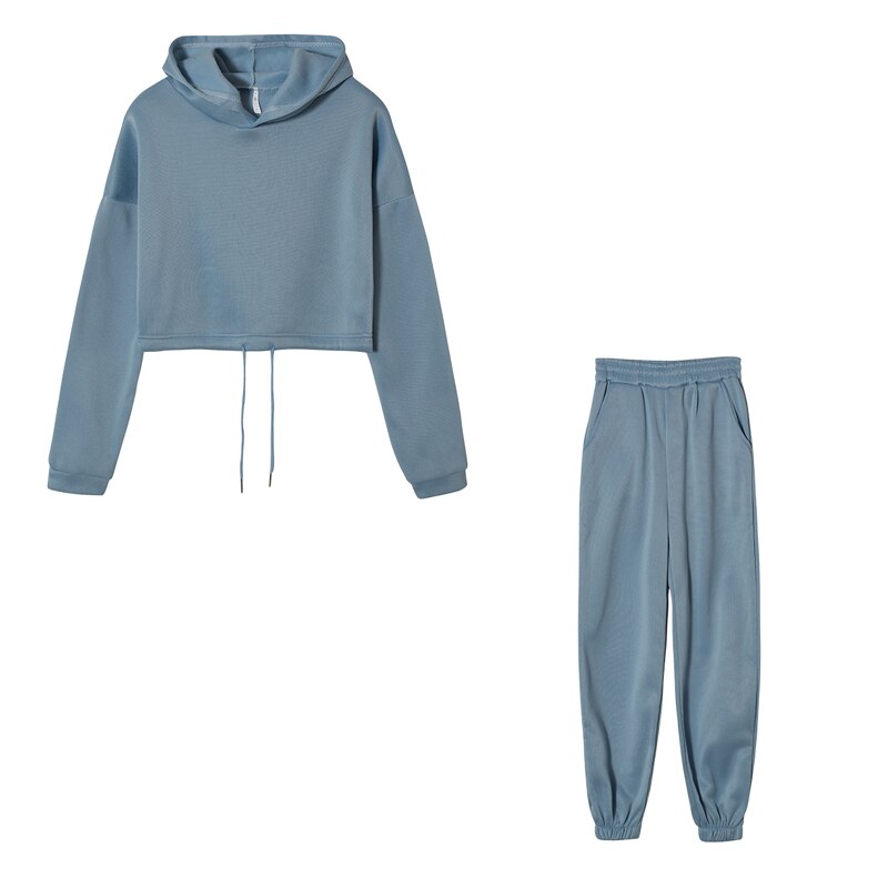 Freda | Fleece Cropped Hoodie Long Sleeve Tie Waist Oversized Tracksuit Women
