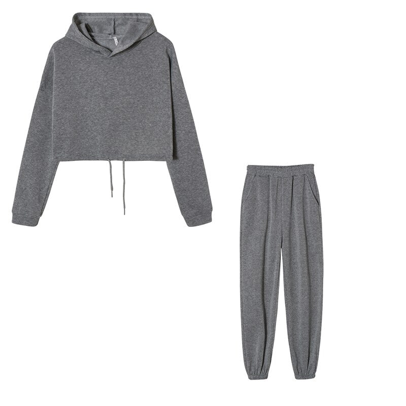 Freda | Fleece Cropped Hoodie Long Sleeve Tie Waist Oversized Tracksuit Women