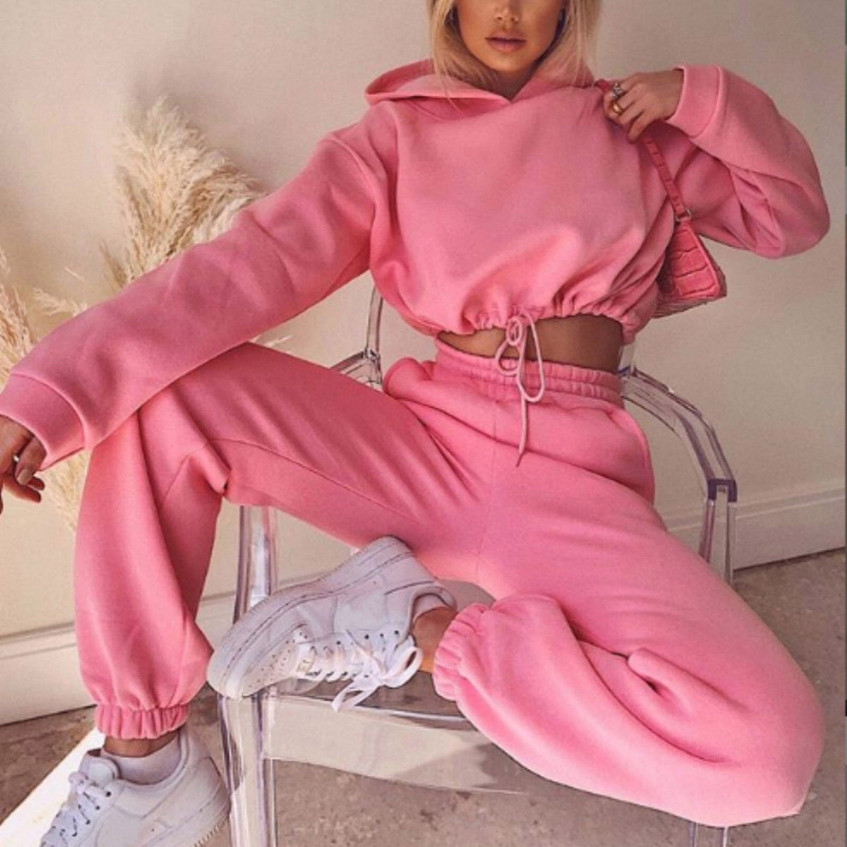 Freda | Fleece Cropped Hoodie Long Sleeve Tie Waist Oversized Tracksuit Women