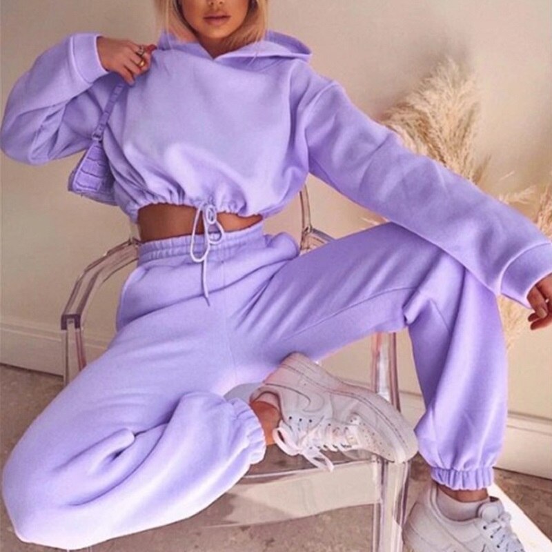 Freda | Fleece Cropped Hoodie Long Sleeve Tie Waist Oversized Tracksuit Women