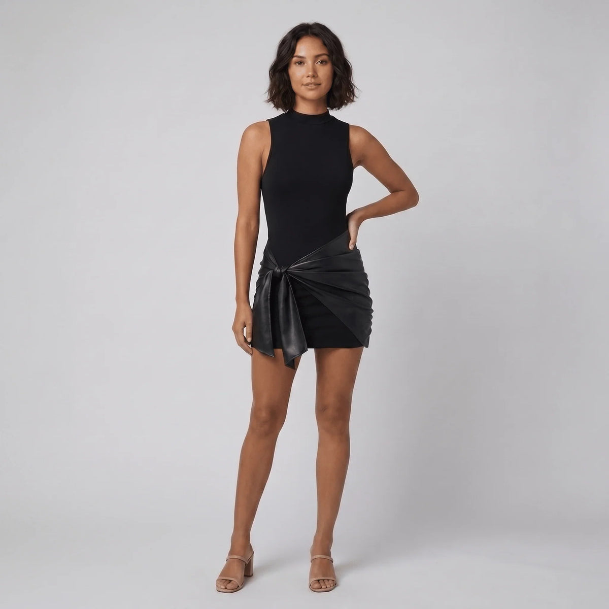 Belle | High Neck Sleeveless Draped Wrap Tie Waist Party Going Out Faux Leather Bodycon Mini Dress Women