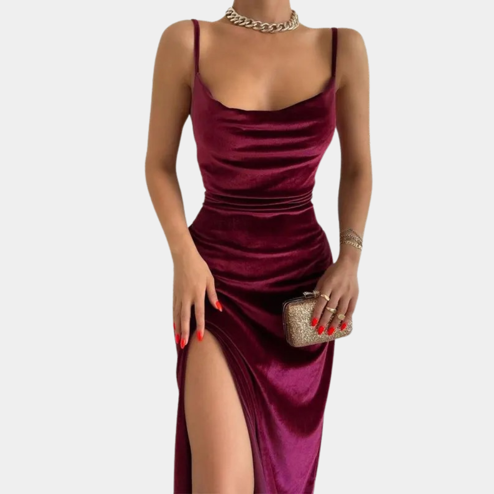 Keira | Cowl Neck Strappy Ruched Velvet Bodycon Slit Maxi Party Evening Dress Women