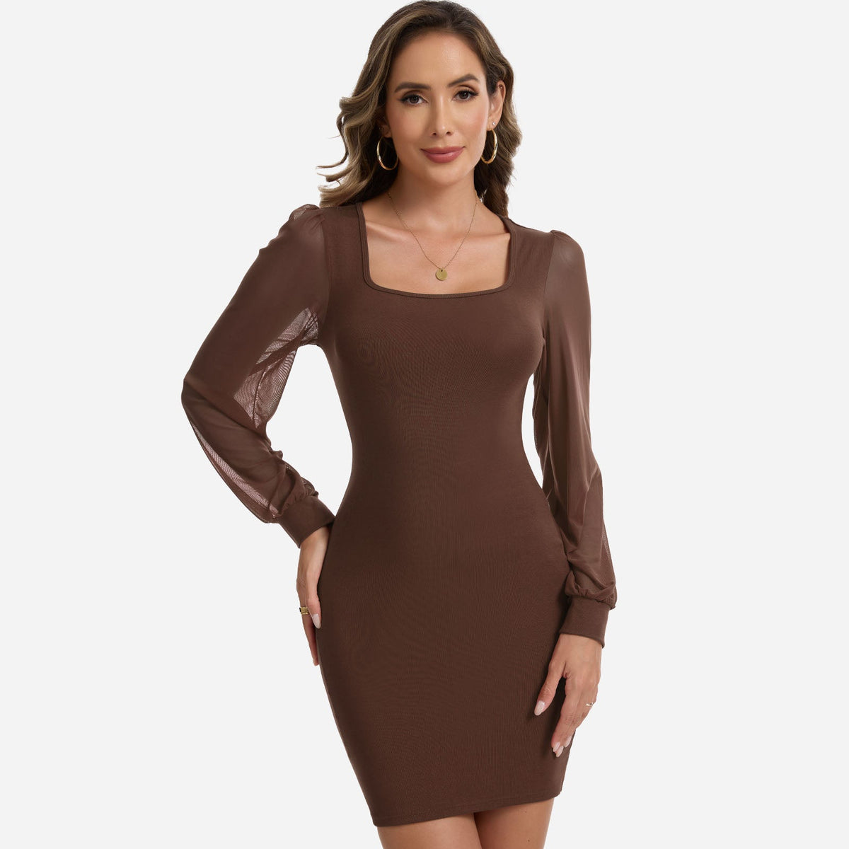 Kit | Square Neck Sheer Mesh Puff Sleeve Party Date Night Ribbed Bodycon Mini Dress Women