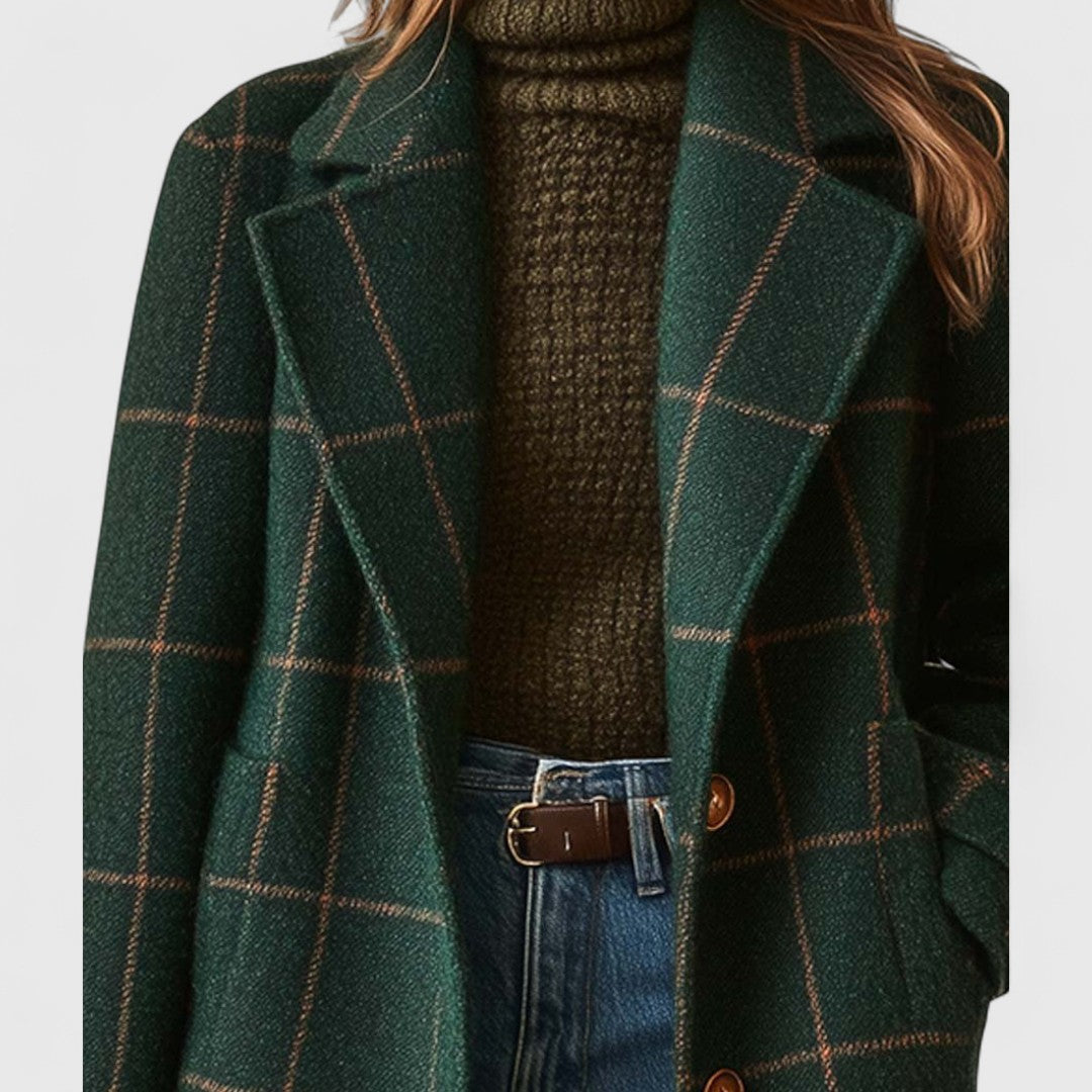 Long Check Wool Coat with Lapels - Green