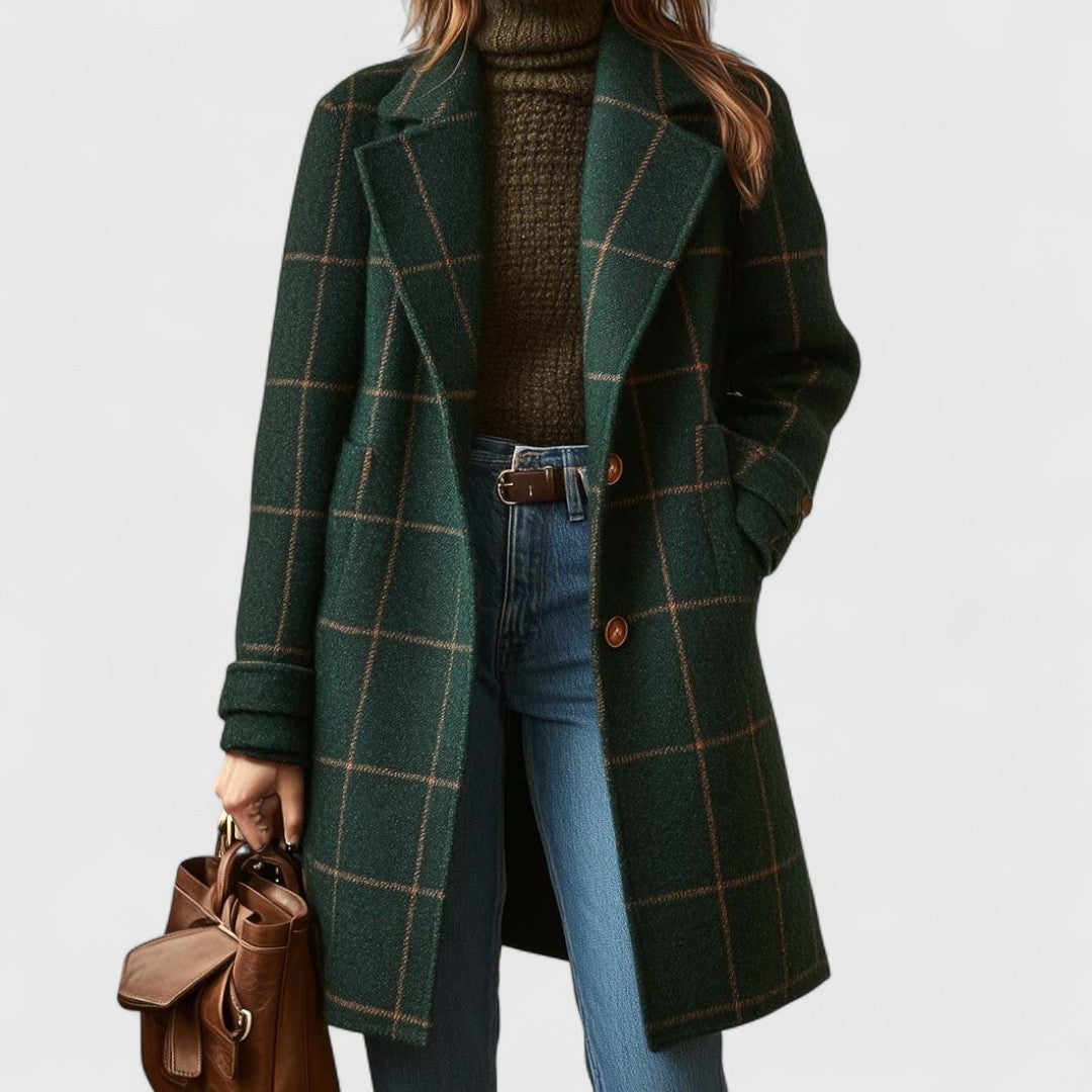Long Check Wool Coat with Lapels - Green