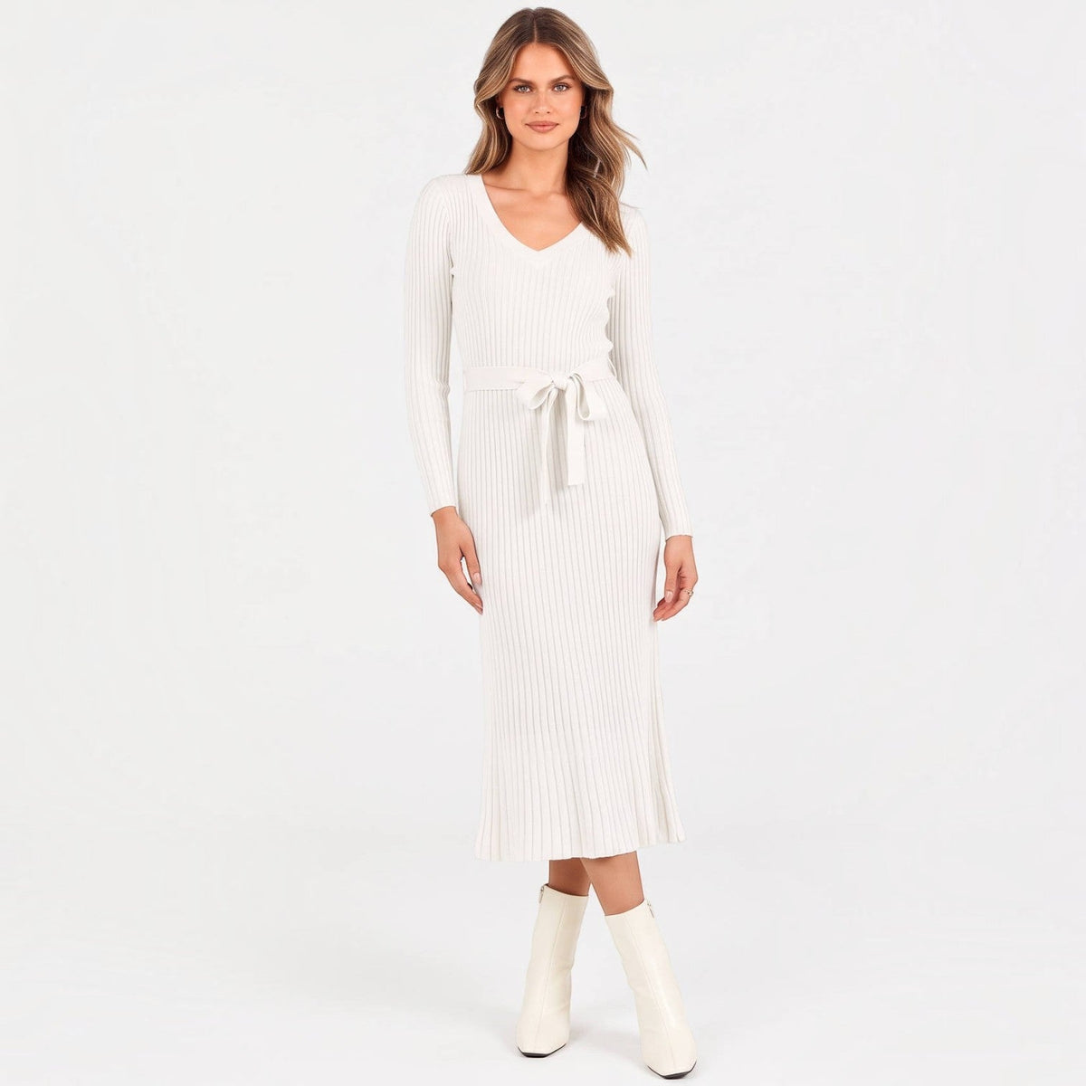 Hannah | V Neck Long Sleeve Ribbed Knit Belted Autumn Fit And Flare Midi Jumper Dress Women