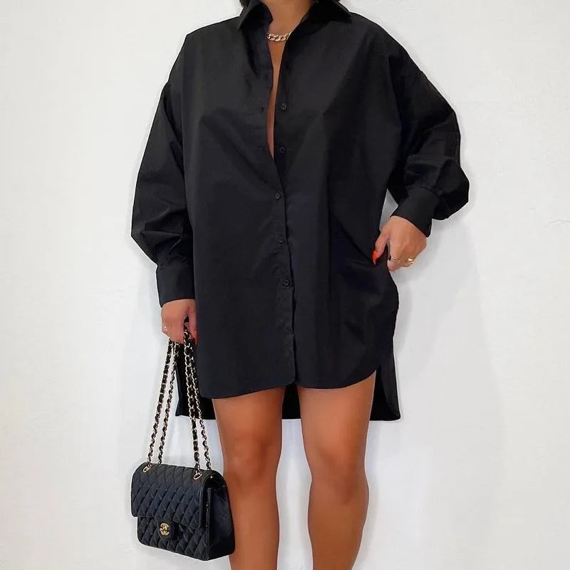 Mira | Oversized Button Down Long Sleeve Collared Mini Shirt Dress Ladies