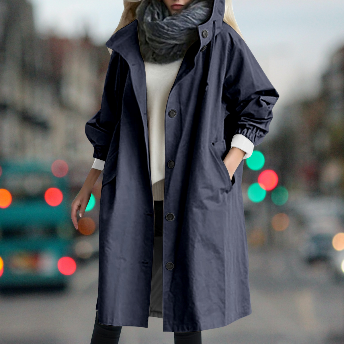 Shay | Button Up Collared Pocket Long Oversized Autumn Hooded Windbreaker Jacket Women