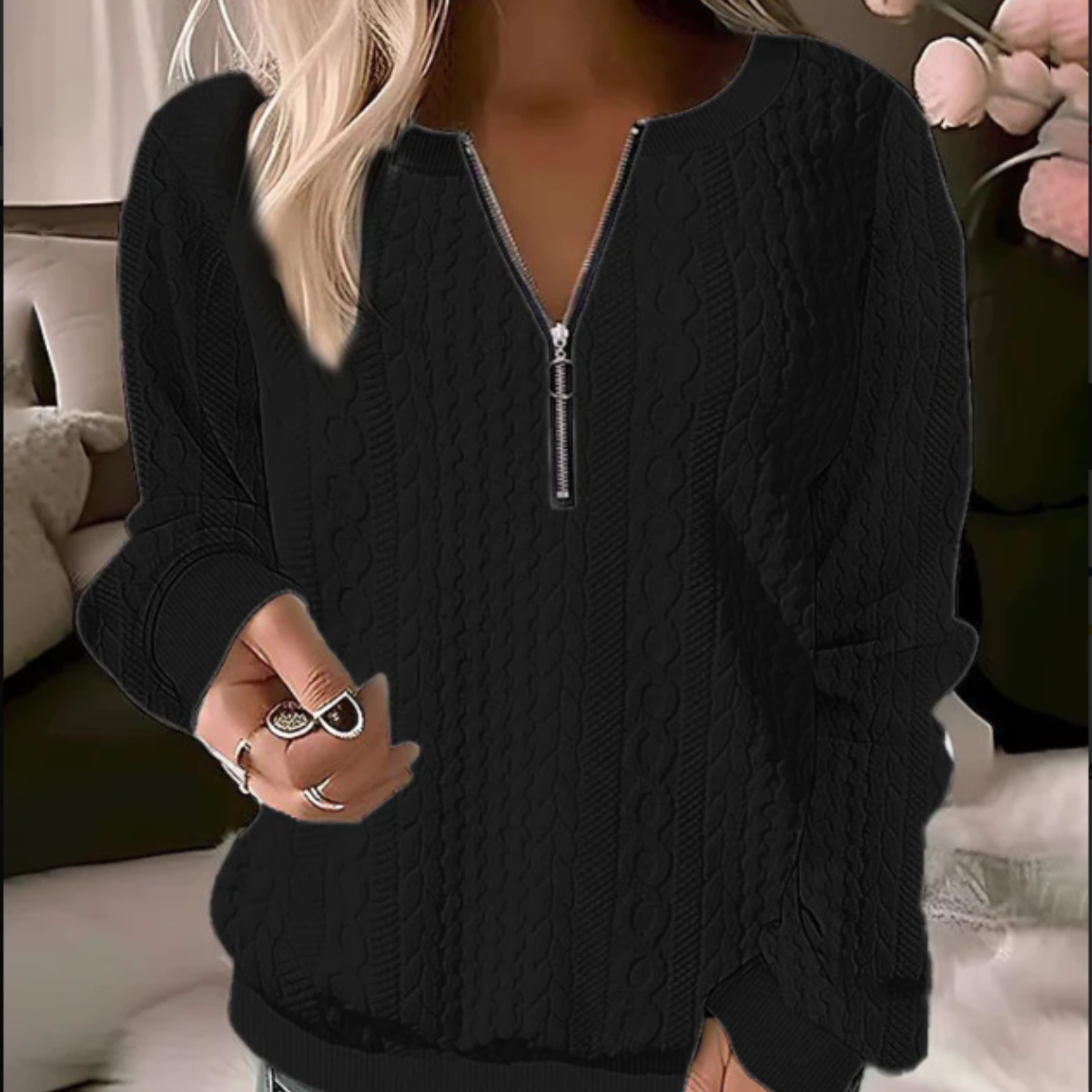 Elodie | Oversized Cable Knit Zip Drop Shoulder Long Sleeve Autumn Winter Ribbed Jumper Women