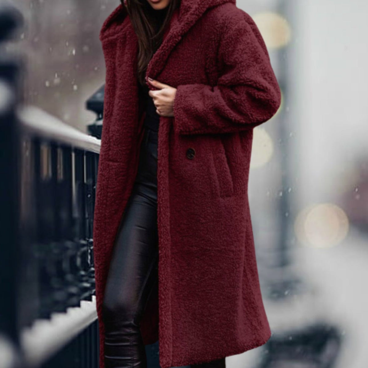 Thea | Hooded Oversized Collared Lapel Button Winter Long Teddy Coat Women