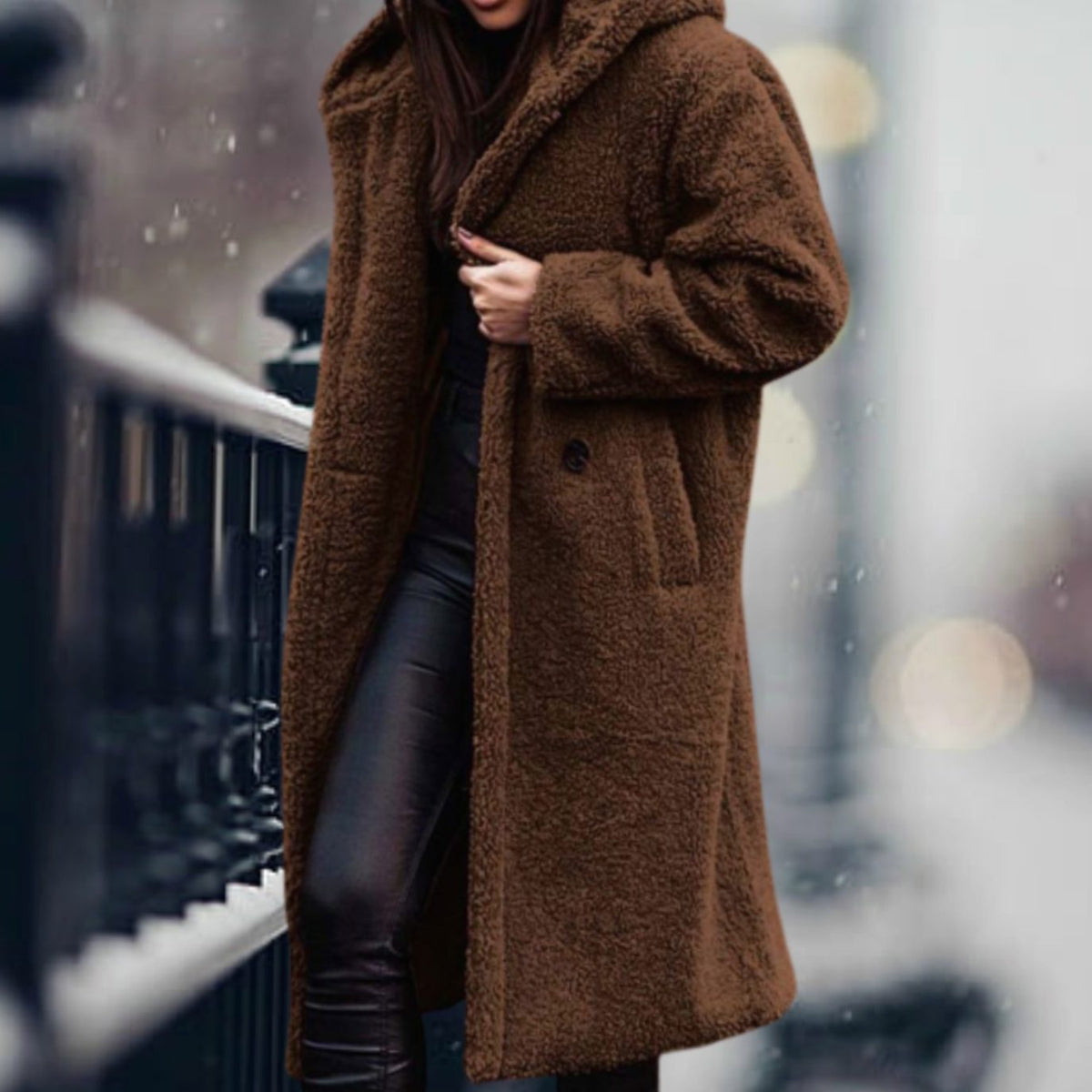 Thea | Hooded Oversized Collared Lapel Button Winter Long Teddy Coat Women