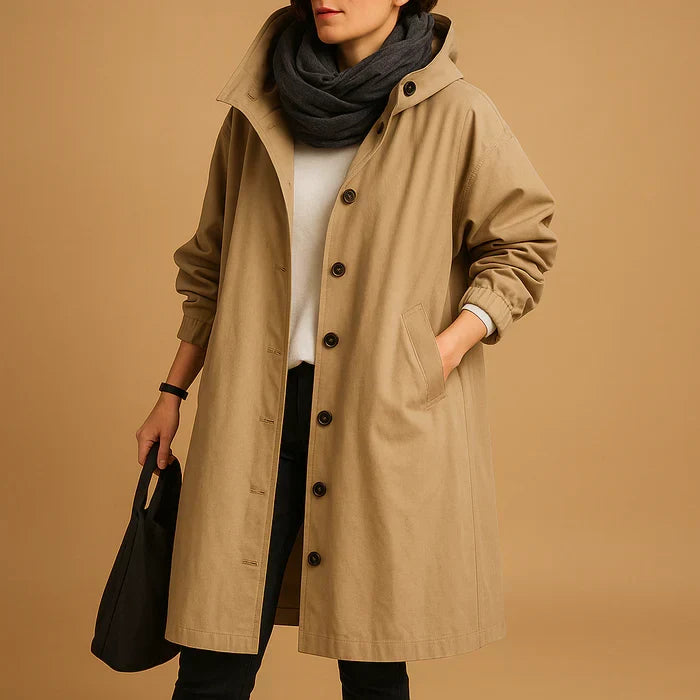 Chloe | Button Up Oversized Longline Hooded Collared Pocket Autumn Windbreaker Jacket Women