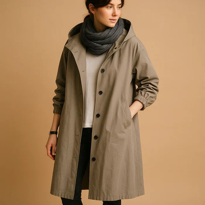 Chloe | Button Up Oversized Longline Hooded Collared Pocket Autumn Windbreaker Jacket Women