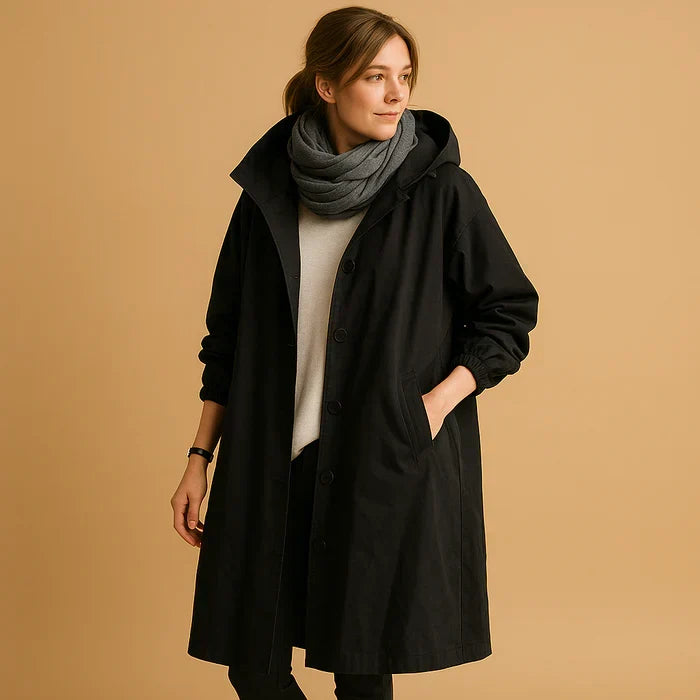 Chloe | Button Up Oversized Longline Hooded Collared Pocket Autumn Windbreaker Jacket Women