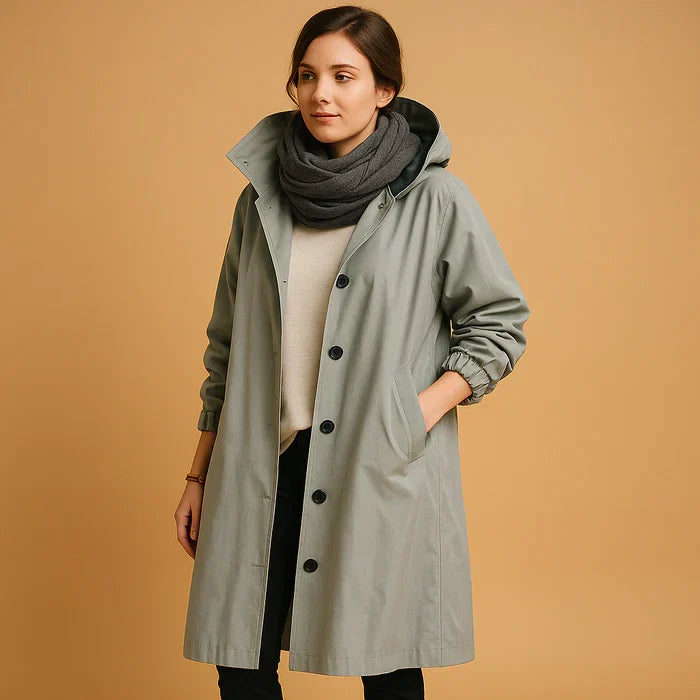 Chloe | Button Up Oversized Longline Hooded Collared Pocket Autumn Windbreaker Jacket Women
