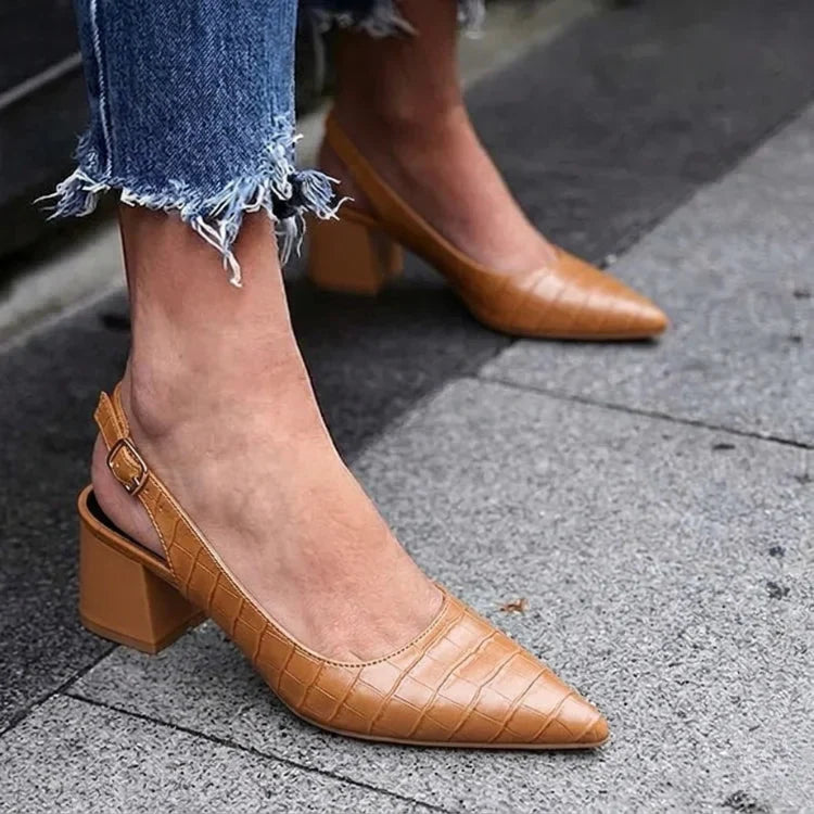 Lexi | Faux Leather Pointed Toe Croc Smart Slingback Mid Block Heel Court Shoes Women
