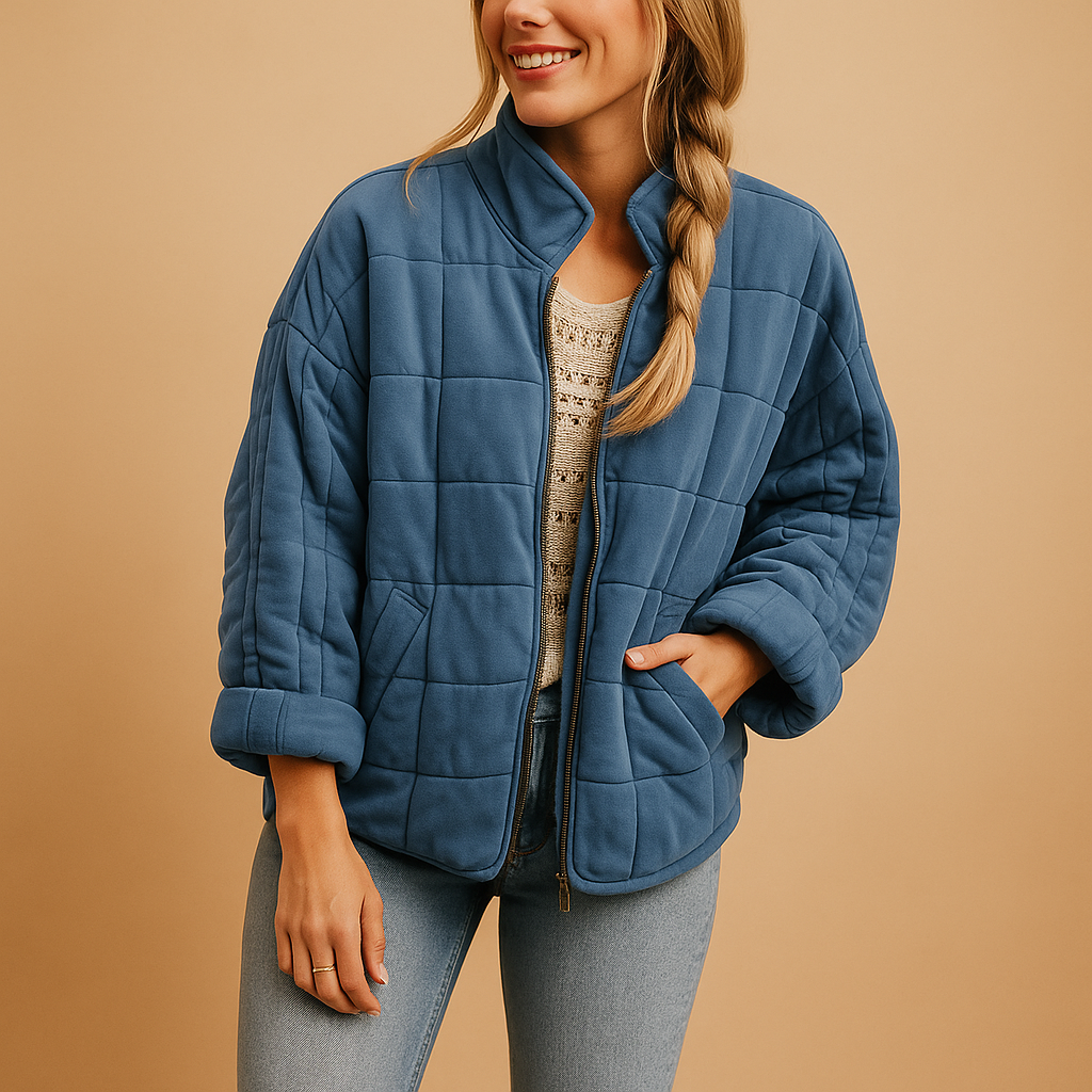 Quilted Jacket with Stand Collar and Zip - Cream
