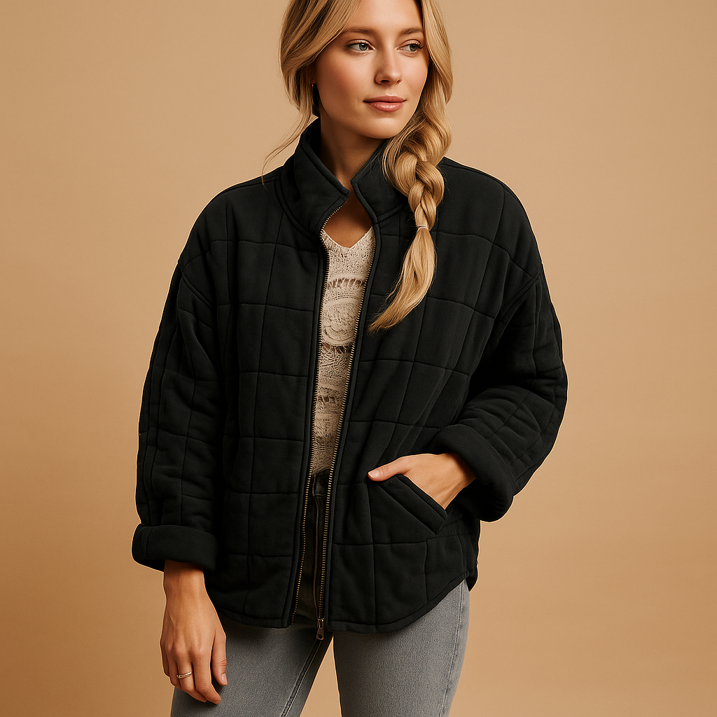 Quilted Jacket with Stand Collar and Zip - Cream