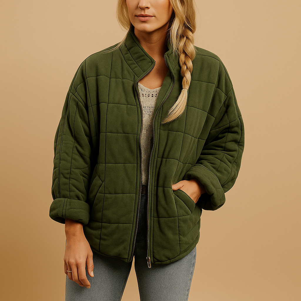 Quilted Jacket with Stand Collar and Zip - Cream