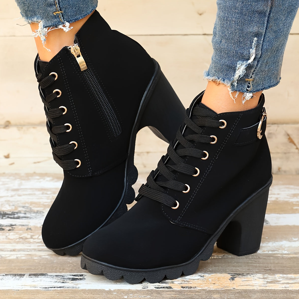 Rita | Buckle Chunky Block Heeled Lace Up Autumn Faux Suede Ankle Boots Women