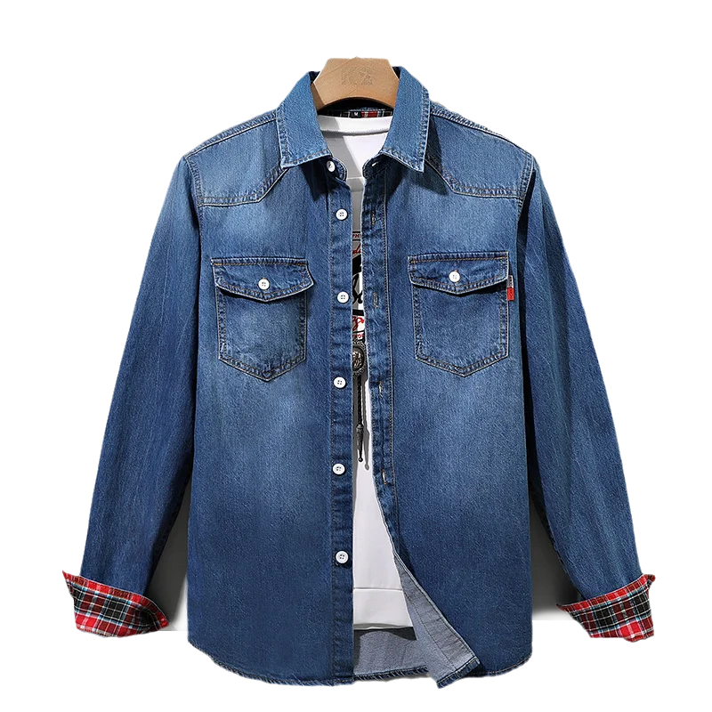 Men's Denim Button-Up Shirt with Plaid Cuffs | Savoni