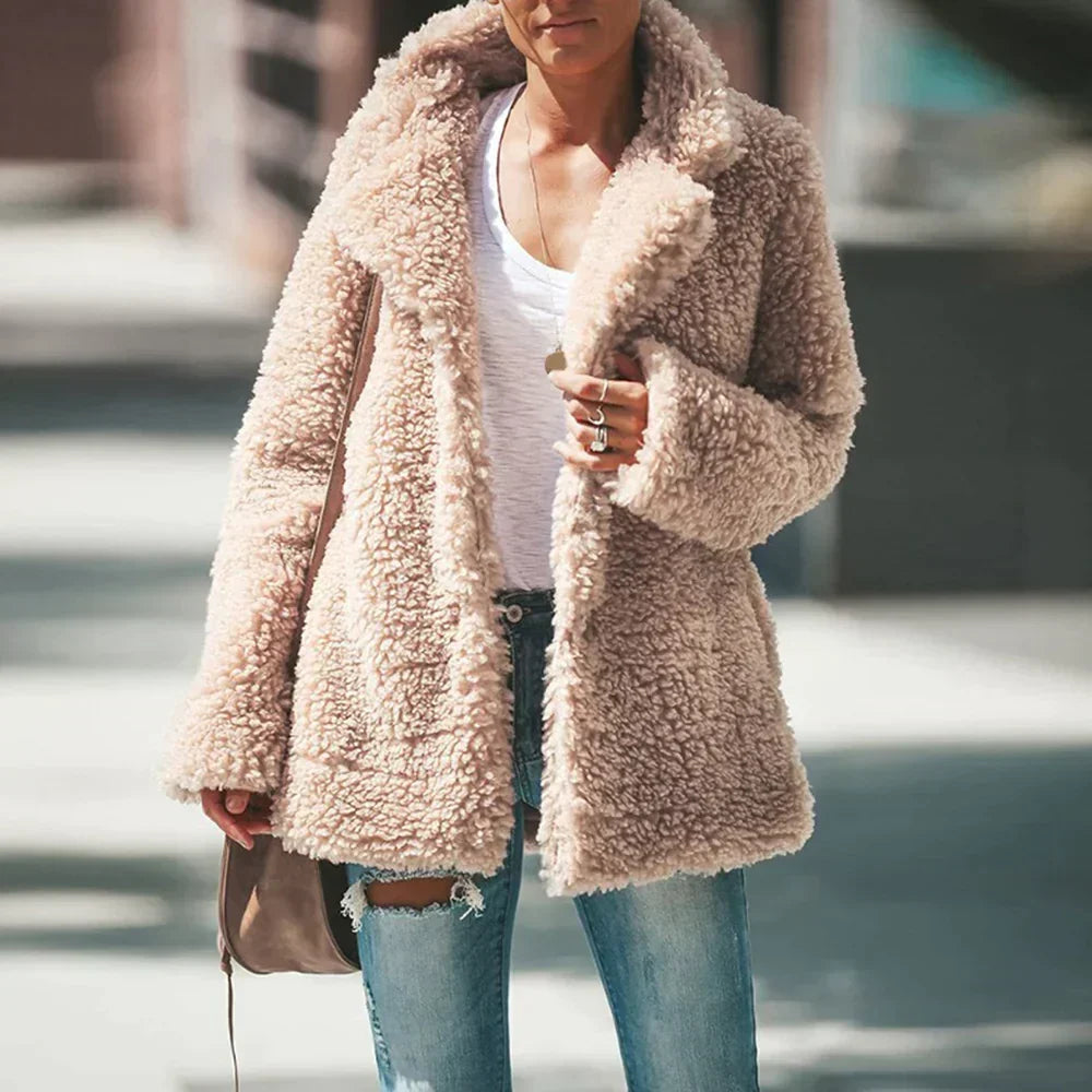 Maya | Oversized Lapel Collar Borg Fleece Open Front Winter Jacket Teddy Coat Women