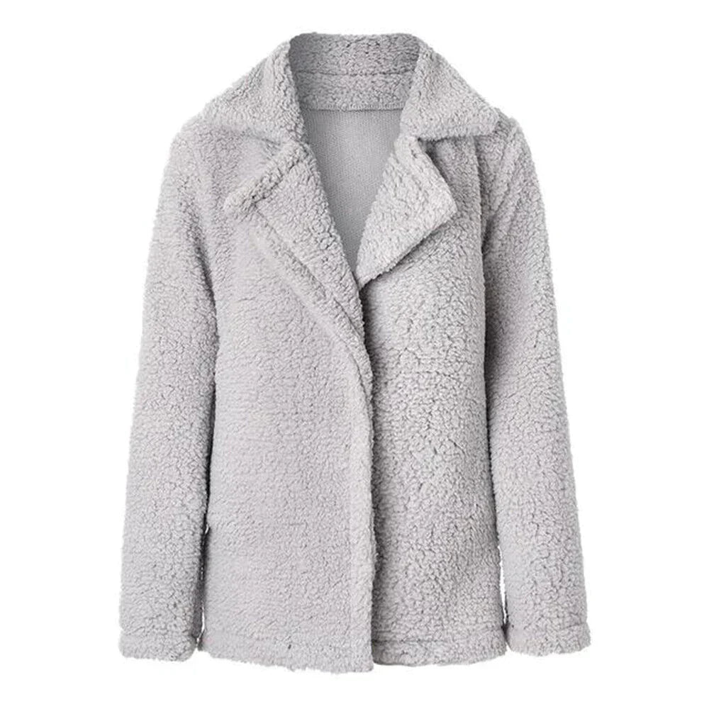 Maya | Oversized Lapel Collar Borg Fleece Open Front Winter Jacket Teddy Coat Women