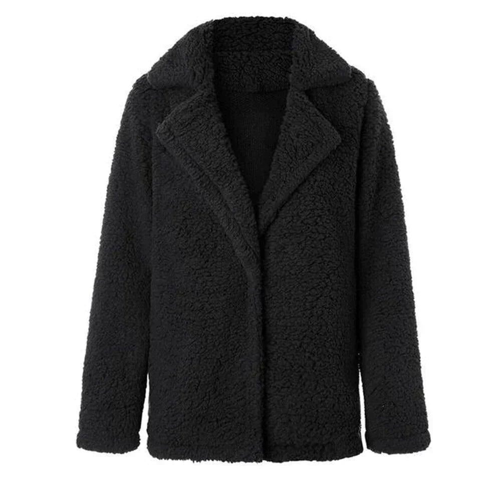 Maya | Oversized Lapel Collar Borg Fleece Open Front Winter Jacket Teddy Coat Women