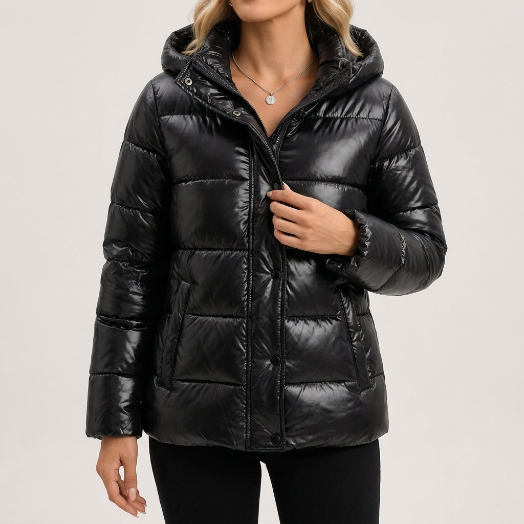 Lexi | Winter Shiny Quilted Funnel Neck Zip Up Hooded Puffer Jacket Women