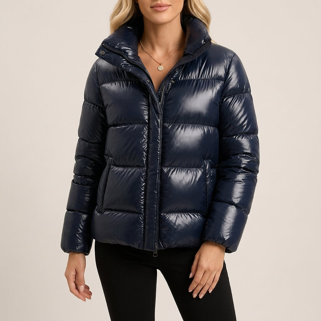 Lexi | Winter Shiny Quilted Funnel Neck Zip Up Hooded Puffer Jacket Women