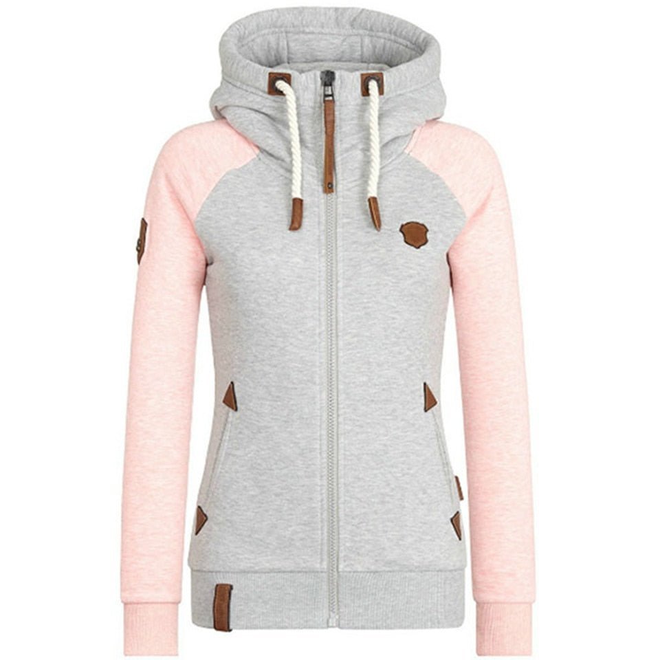 Una | Zip Up Drawstring Raglan Pockets Colour Block Fleece Long Sleeve Autumn Ribbed Hoodie Women