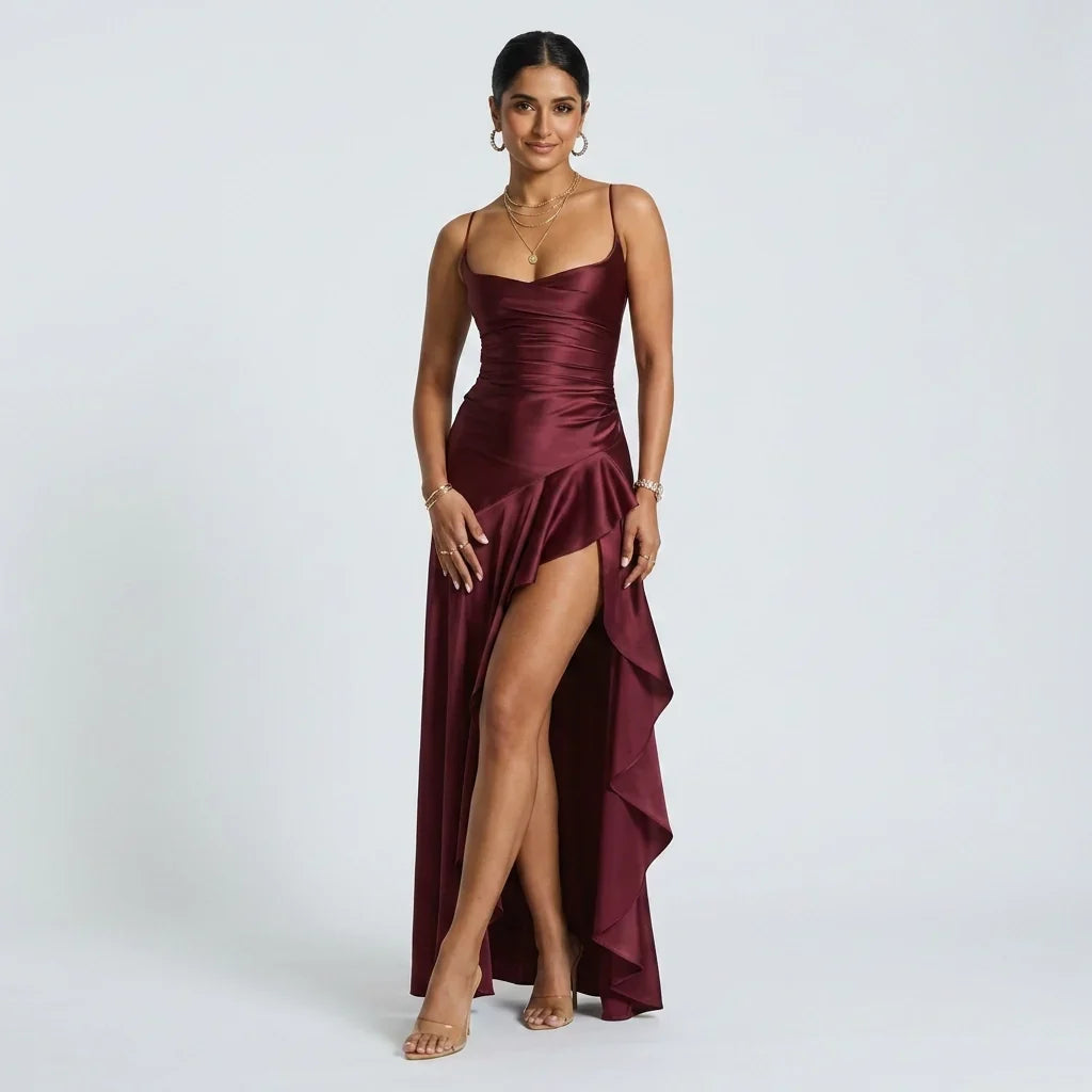 Winnie | Sweetheart Backless Ruched Satin Slit Maxi Evening Dress Women
