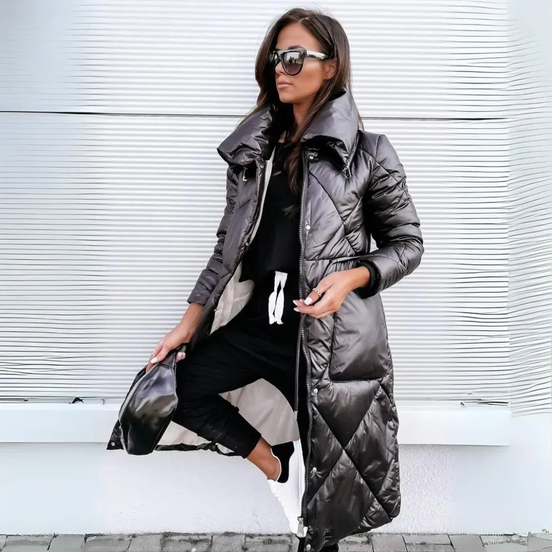Stella | Winter Shiny Funnel Neck Zip Up Oversized Longline Quilted Puffer Coat Women